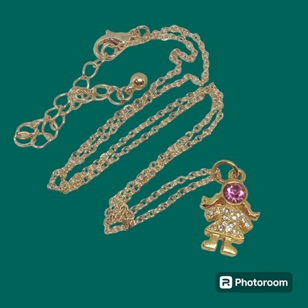 3/$30 Pink Rhinestone Girl Pendant Chain Necklace